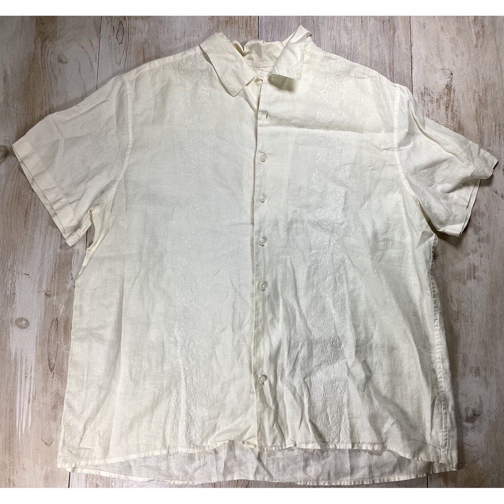 Merona Mens XL Cream 100%‎ Linen Embroidered Short Sleeve Button Down Shirt